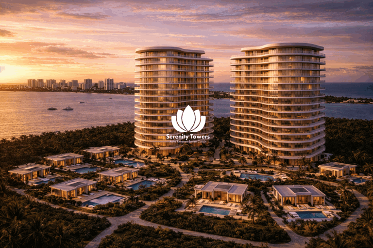 Serenity Towers rendering of two waterfront residential towers at sunset
