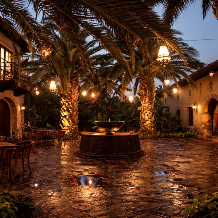 Dorado courtyard with fountain and palm trees at night