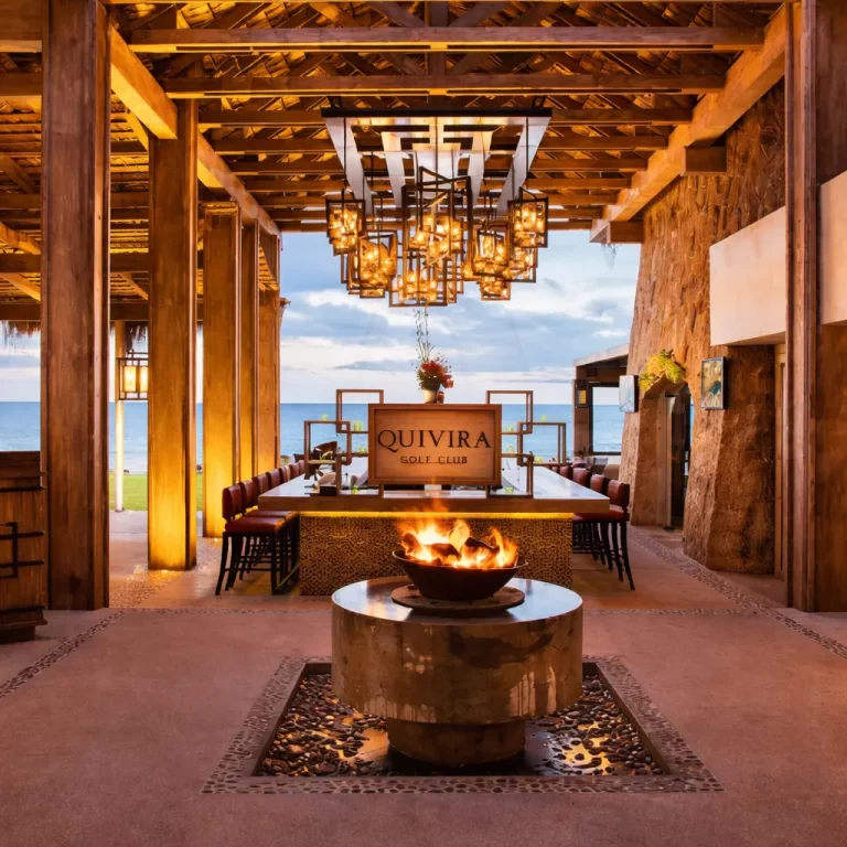 Casa Club Quivira terrace with fire feature and dining area