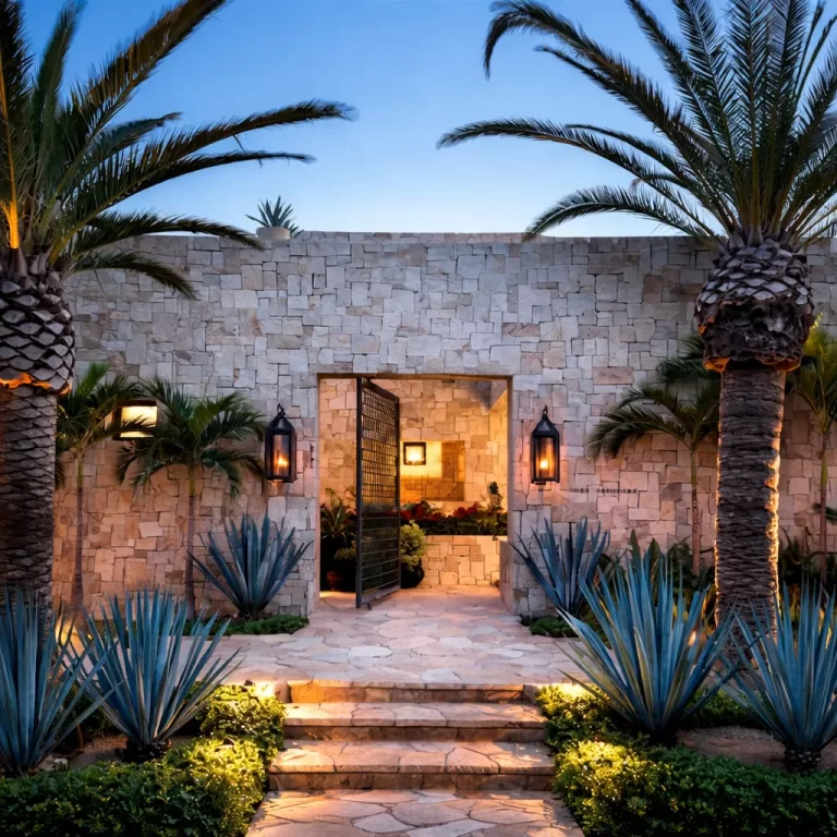 Casa Carolina stone entrance with palm trees at dusk