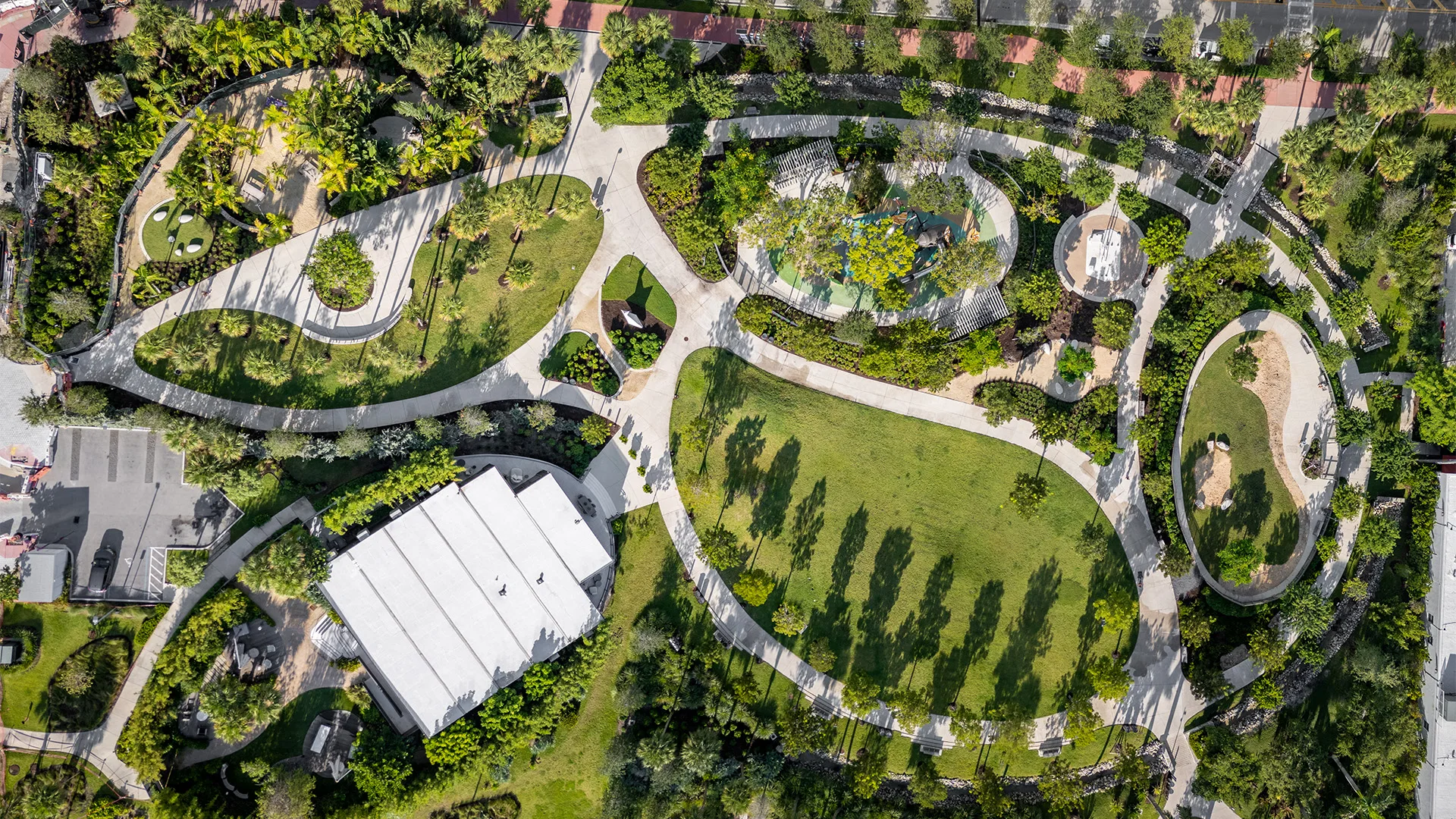 Aerial view of a landscaped public park