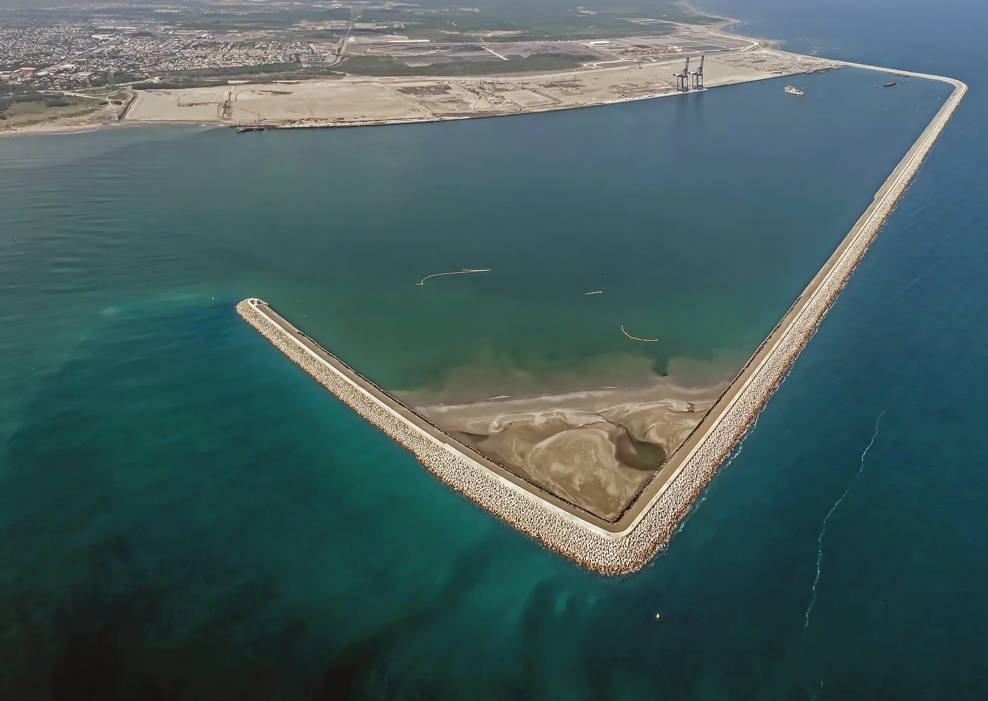 Aerial view of a port breakwater